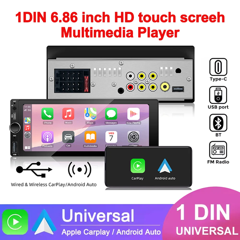   6,86 zoll HD Touch Screeh1DIN Multimedia MP5 Player Auto Radio Drahtlose CarPlay Android Auto Für