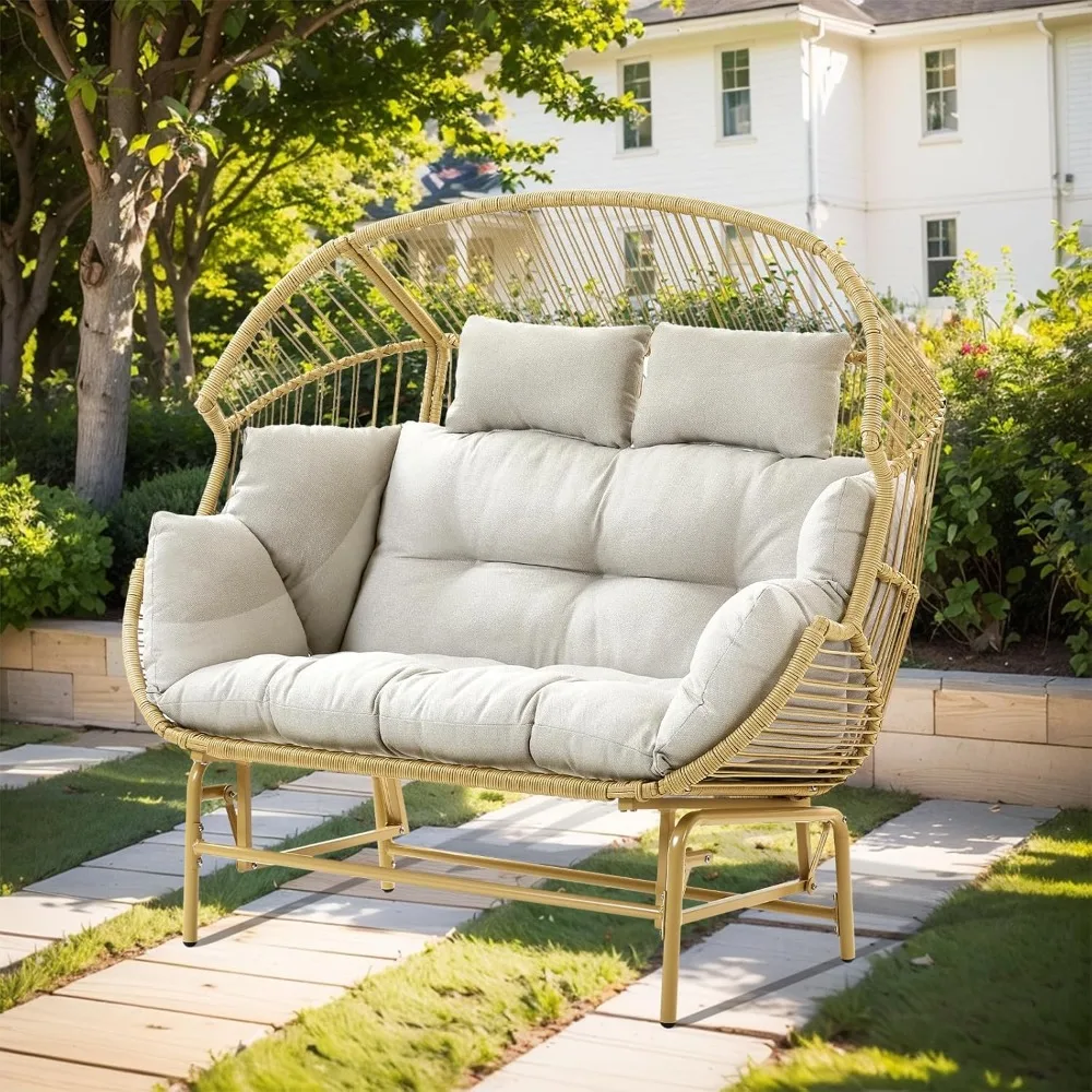 Patio Chairs Outdoor Egg Chair - 2 Person Wicker Rocking Glider Chair Rattan Patio Lounge Rocker Chairs with Cushion and Pillow