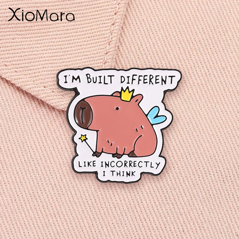 Cute Fairy Capybara Enamel Badge I'm Built Different Like Incorrectly I Think Pin Cartoon Hippo Crown Wing Wand Brooches Gift ﻿