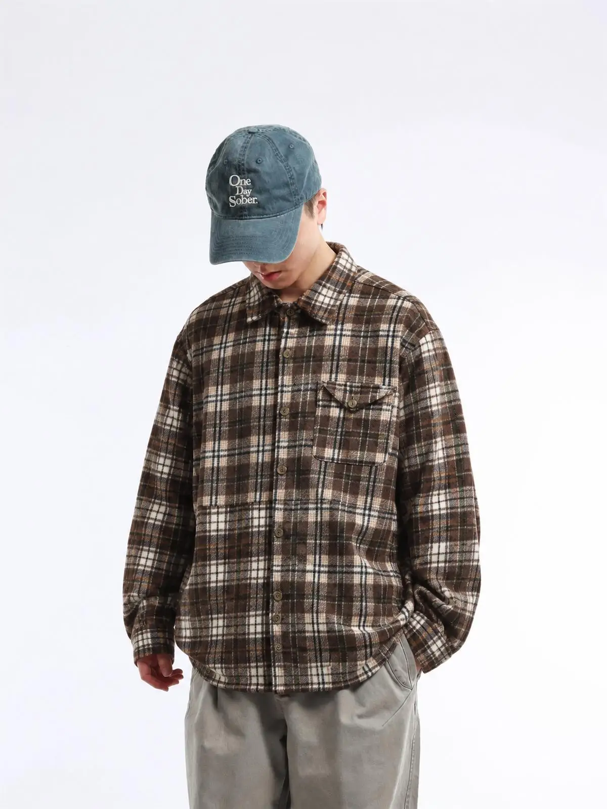 Winter Vintage Heavyweight 500g Plaid Shirt Men's Long Sleeve Loose Casual Versatile Shirt Brown Plaid Jacket Polyester