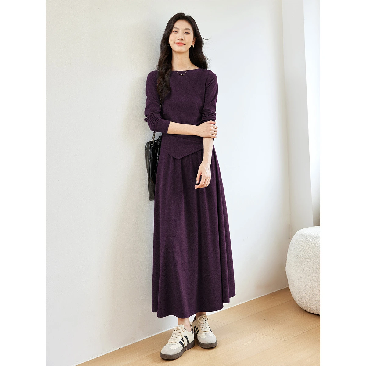 VIMLY Women's Grey Two-Piece Set Elegant Long Sleeve Hem Irregular T-shirt Long Elastic Waist Skirt Matching Outfit Female M8577