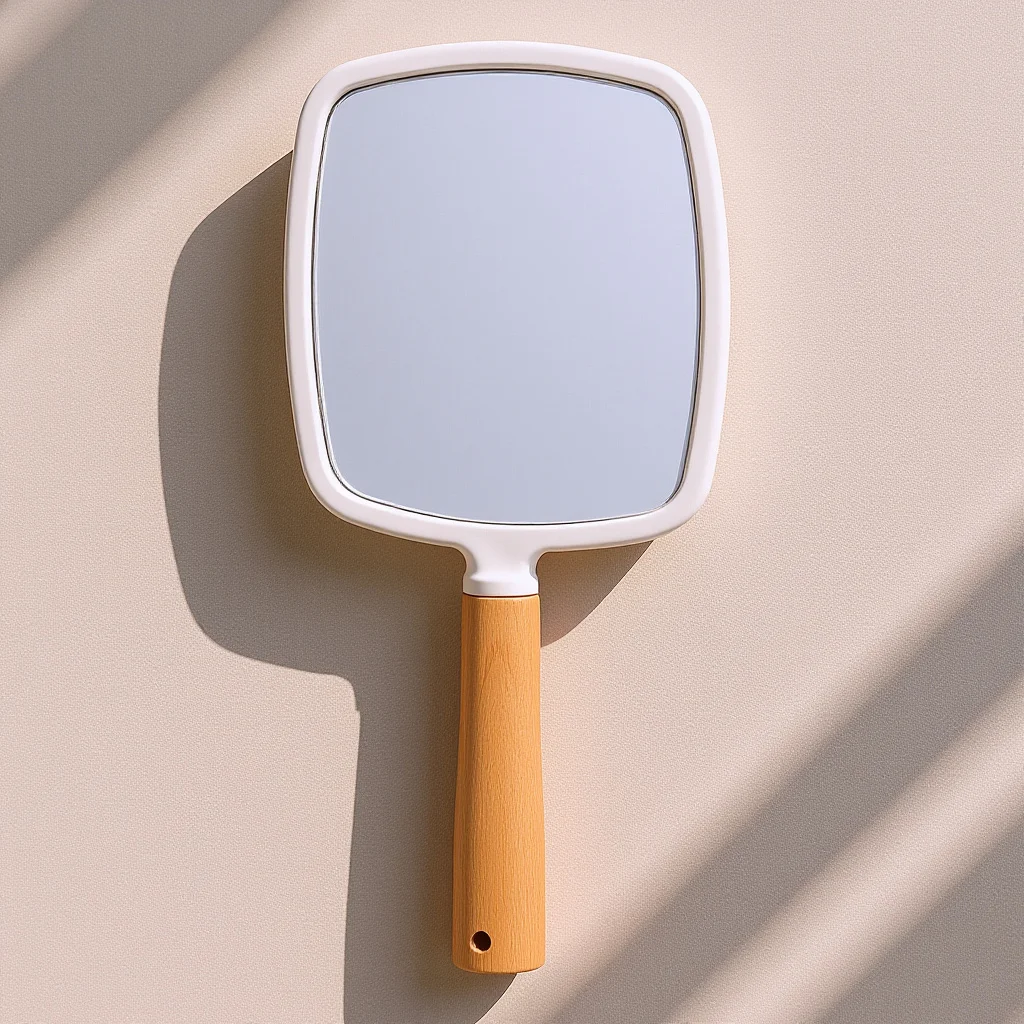 Espelho de maquiagem ergonômico com cabo de madeira, formato quadrado, portátil, leve, design compacto para mulheres e artistas profissionais, barbeiro