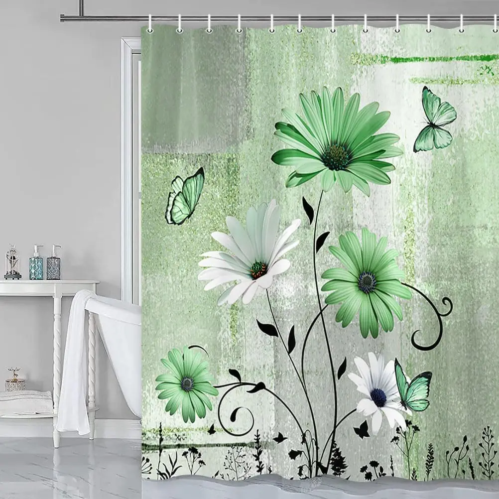 

Green White Daisy Butterfly Shower Curtain Fresh Floral Print for Bathroom Decor