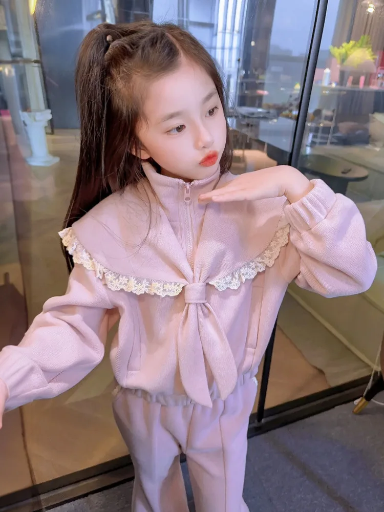 2026 New Baby Girls Winter Teenage Pink  Sets,   Coat + Pants   Princess Sweet Suits 4-10