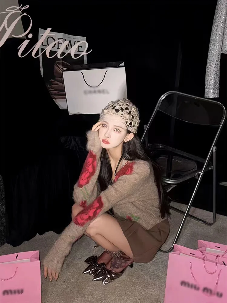 المألوف روز طباعة سترة مشغولة من الصوف المرأة فضفاضة تناسب الخامس الرقبة الخريف الشتاء نمط جديد تخفيف سترة سترة F494 #2