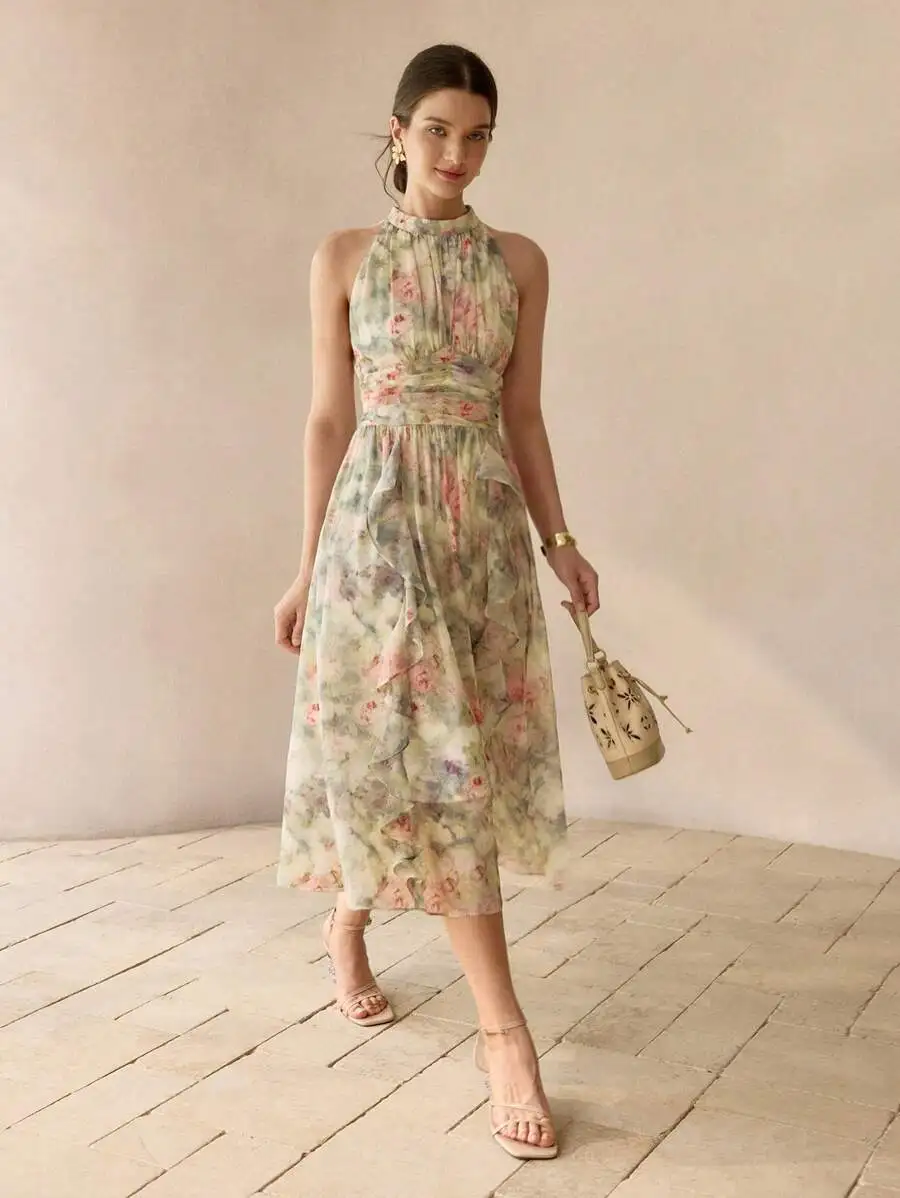 

Floral Print Halter Neck Midi Dress Featuring Ruched Waist, Cascading Ruffles, And High neckline For Women