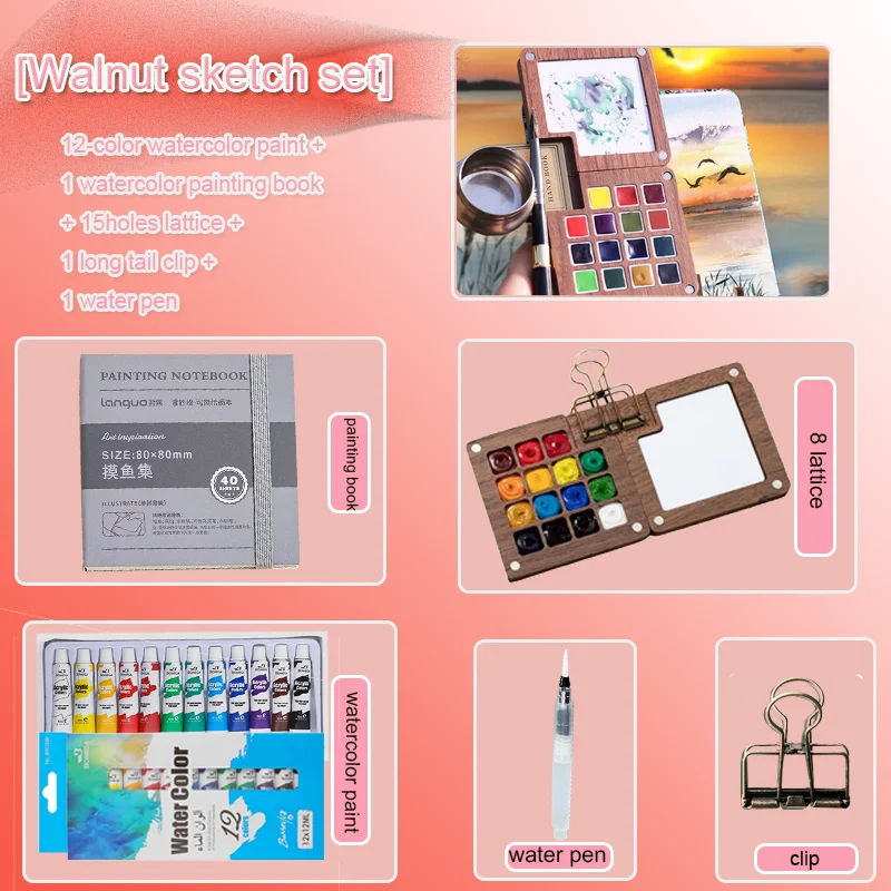 15/8 Compartments Paint Tray, 1 Paint Brush, and a Watercolor Sketchbook, 12 Colors Pigment, 1 Clamp - Perfect for On-the-Go Art