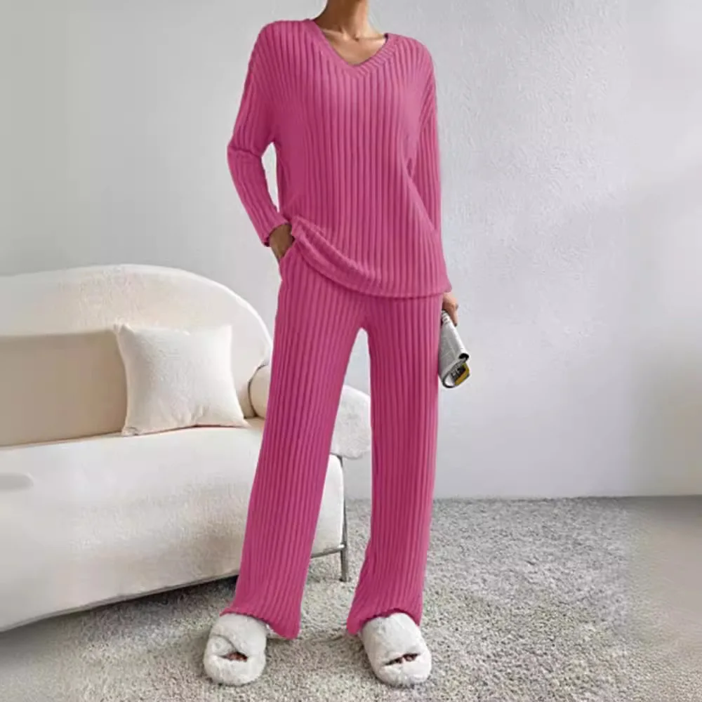 Autumn Winter 2 Piece Set Women Outfit 2024 Fashion Long Sleeve Kmitted Tops And Wide Leg Pants Sets Suit Casual