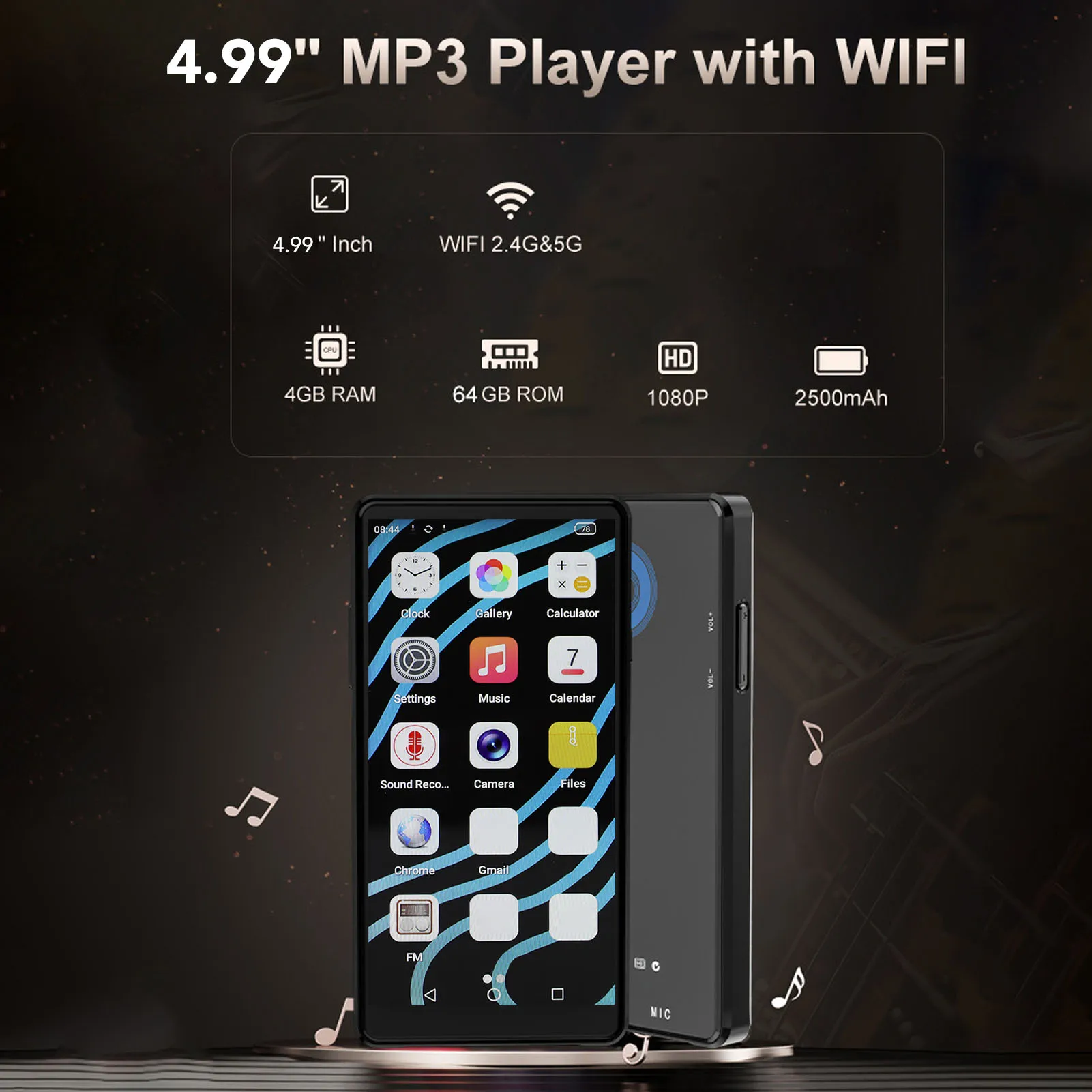 

64GB MP3 Player with Bluetooth WiFi for Android 12 4.99 Inch HD Touchscreen MP4 Music Player 16MP Camera Parental Control Black