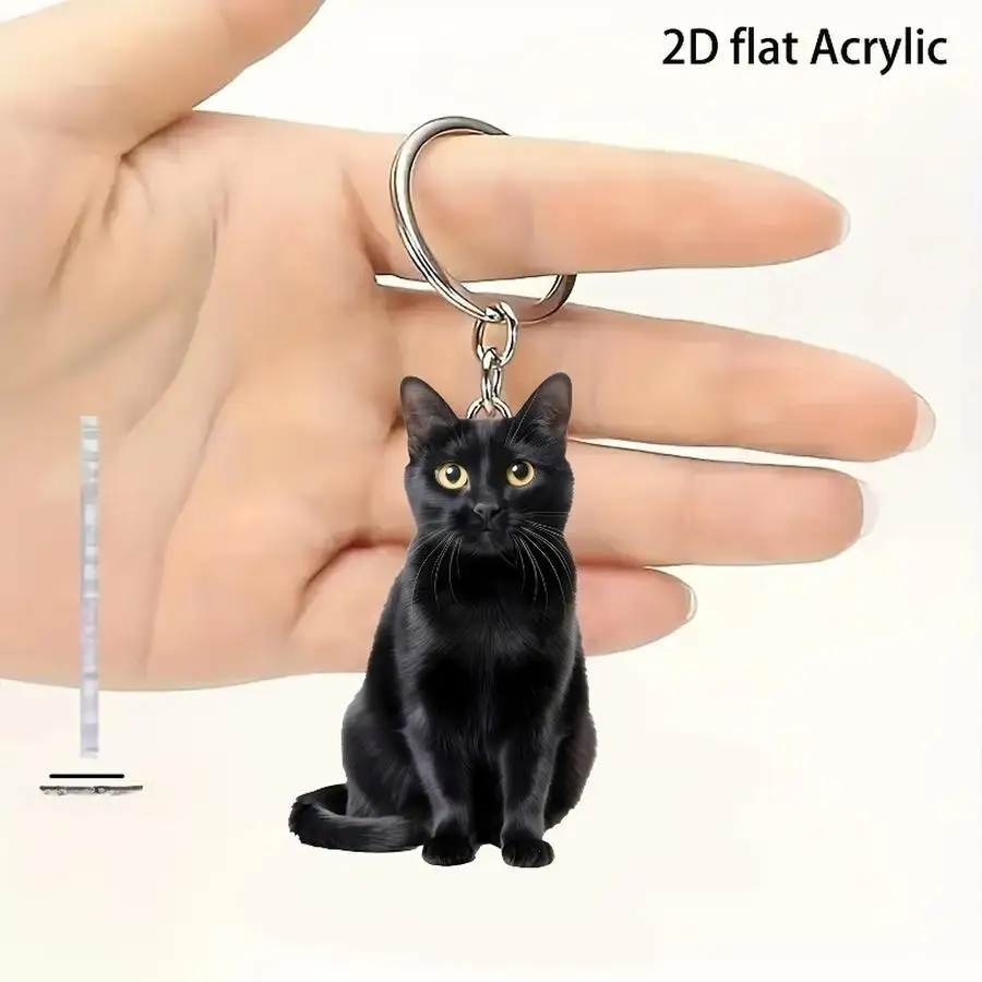 1/5/10/20/50/100pcs 2D Design, 2D Acrylic Keychain (Big-Eyed Black Cat), Keyring - Acrylic Ornament, Creative Hanging Decoration