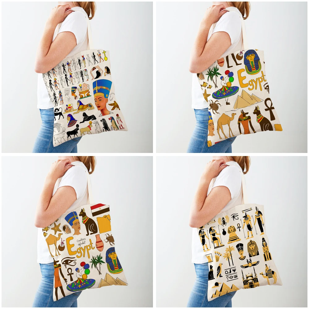 Fashion Ancient Egypt Totem Pharaoh Both Sided Canvas Shopping Bag Reusable Cartoon Anubis Lady Student Shopper Bags for Women