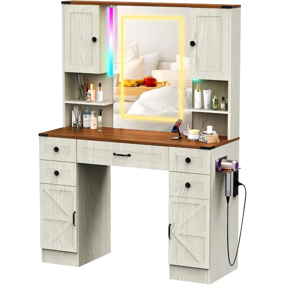 

Farmhouse Vanity Desk with HD Mirror and RGB Lights, Large Makeup Vanity with 5 Drawers and 4 Storage Cabinets, White