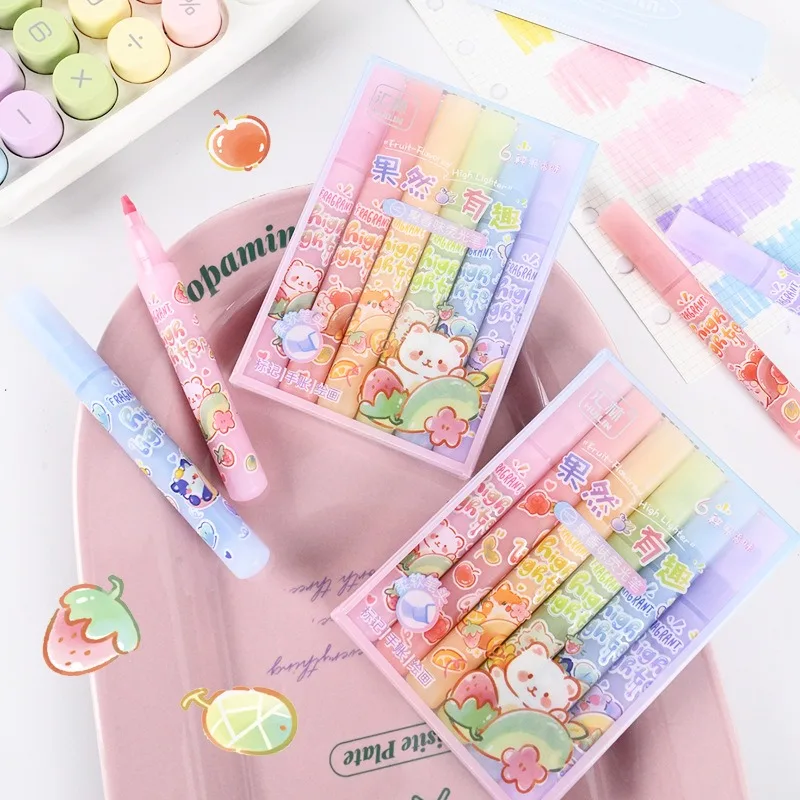 6 Pcs Fruit-scented Highlighter, Light-colored Student Markers, Hand Accounts, Art, Color, High-value Painting Pens Highlighter