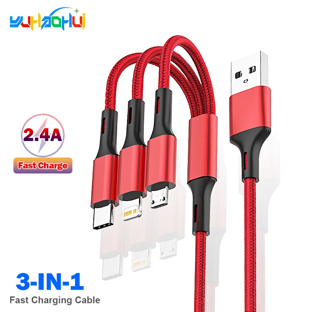 2.4A Max 3 In 1 USB Cable Fast Charging Lightning Cable For iPhone Type C Mobile Phone Charge Cable For Xiaomi Samsung USB Micro