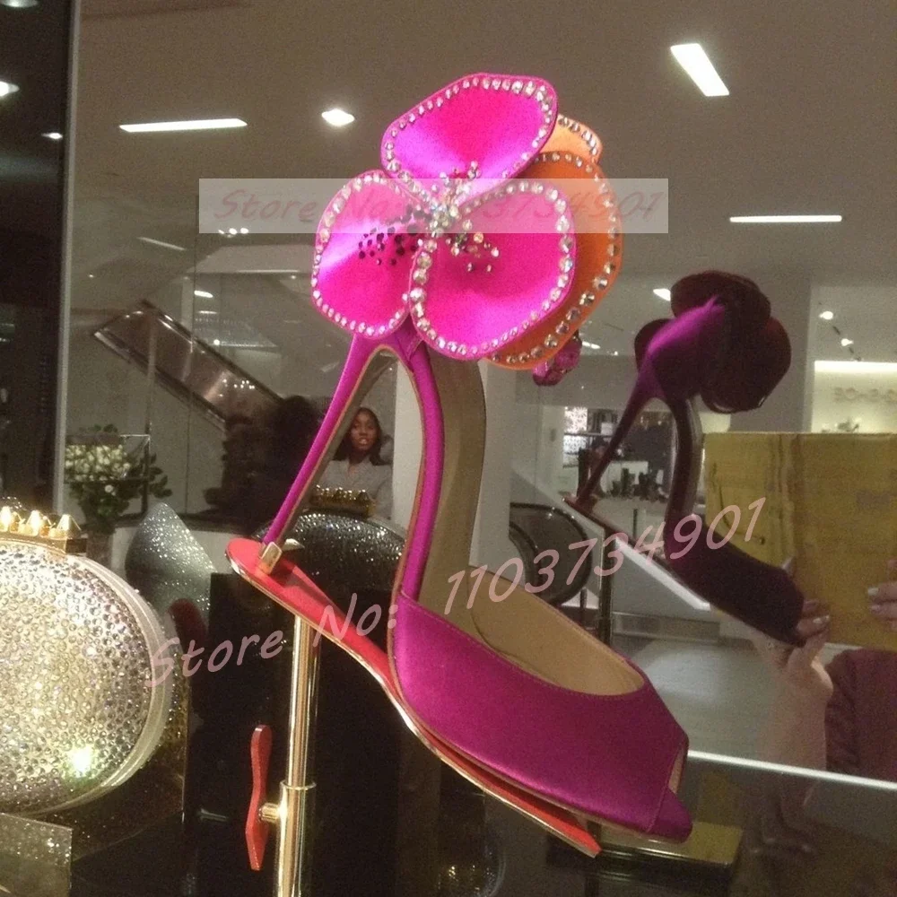 

Crystals Flower Peep Toe Sandals Women Sexy Satin Buckle Strap Rose Pink Stiletto High Heels Shoes Female Party Big Size Sandals