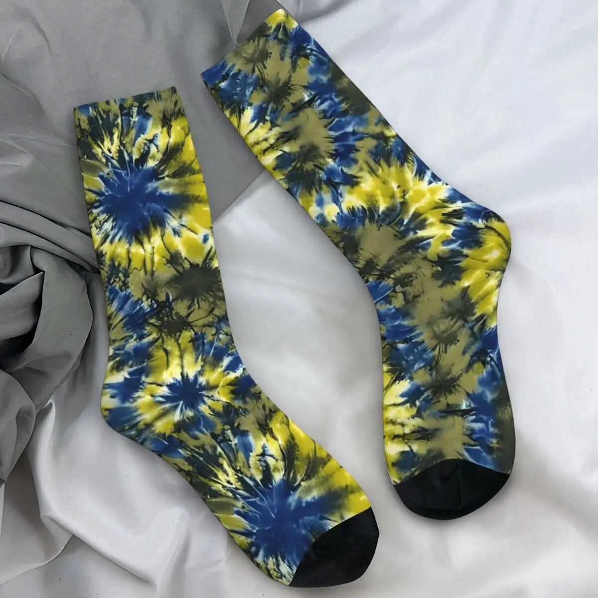 Meias unissex tie dye print azul e amarelo meias inverno na moda qualidade meias impressas skate anti skid meias