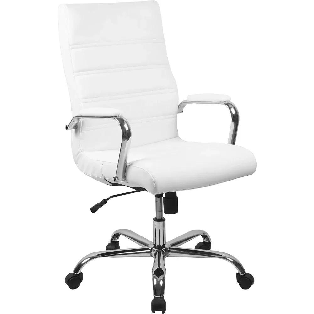 Office Desk Chair High Back Desk Chair - White Leather Soft Executive Swivel Office Chair with Chrome Frame - Swivel Armchair