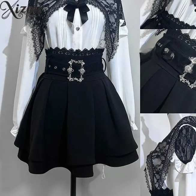 Gothic Lolita dames 2-delige sets geplooid shirt met lange mouwen en rok met riem matrozenkraag set effen kleur damesoutfit