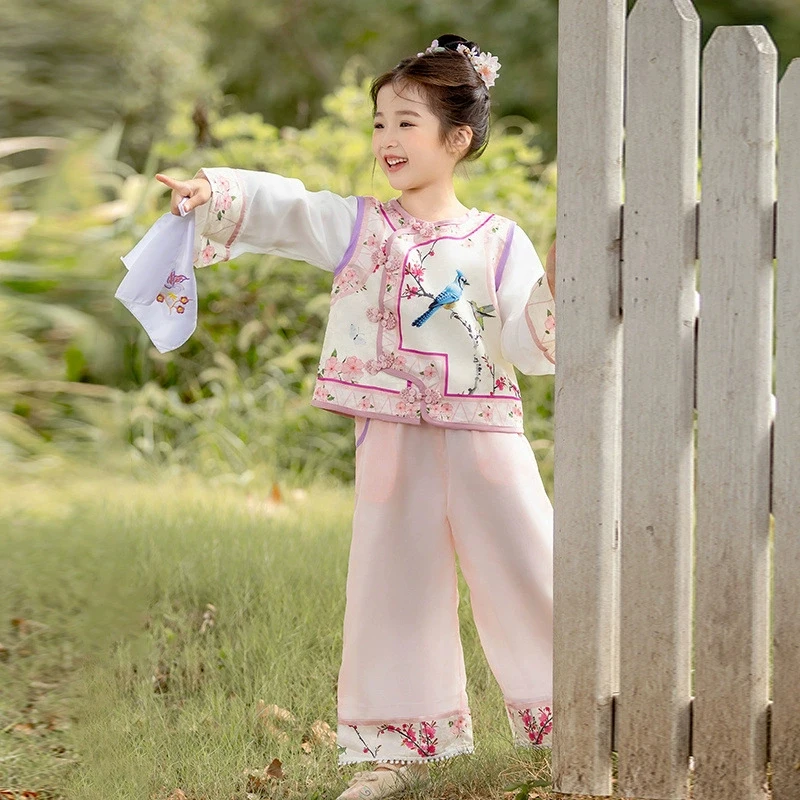 

Китайское платье Hanfu для маленьких девочек, новинка 2025, милое платье принцессы династии Цин, детский танцевальный костюм для фотографии, детский подарок на день рождения