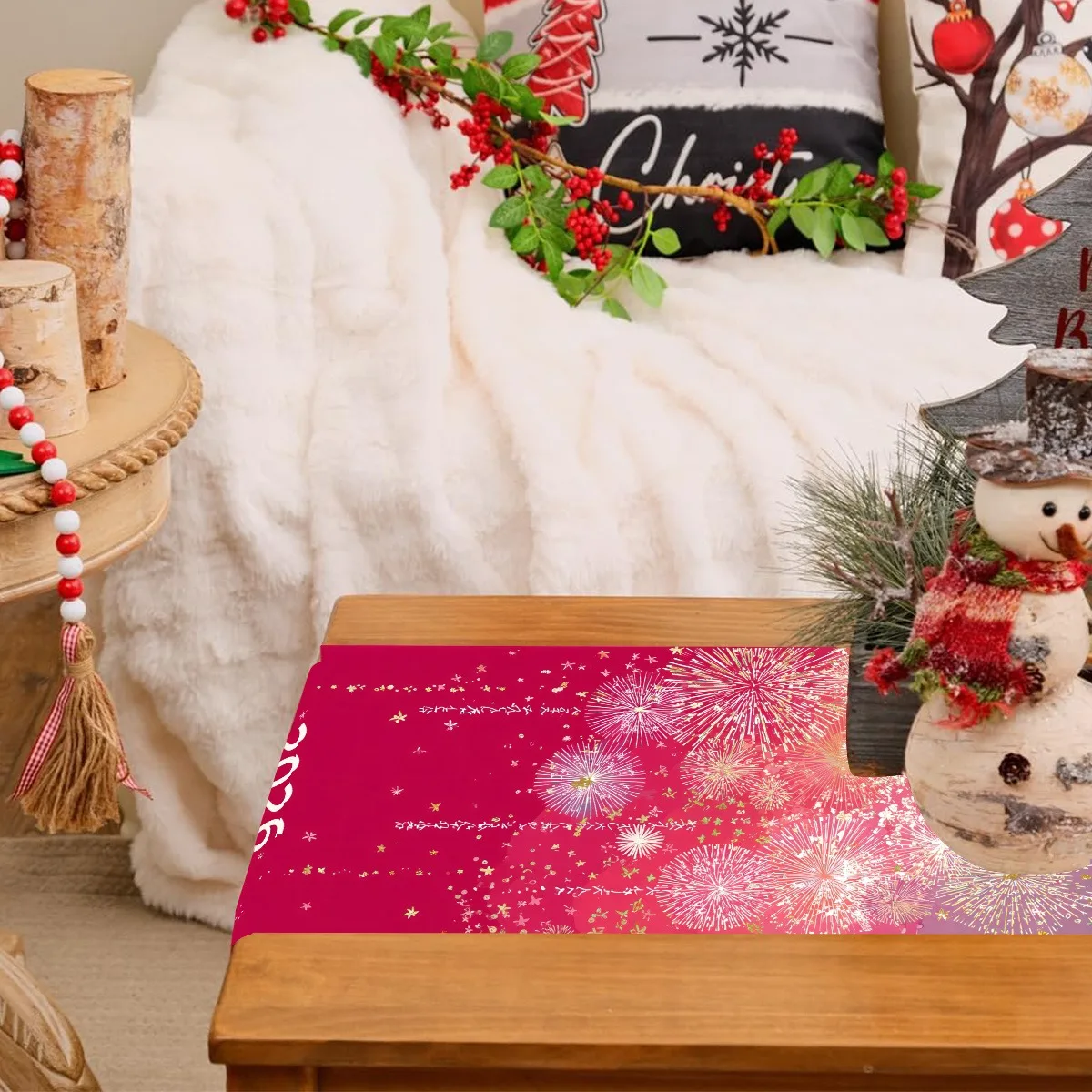 1 قطعة السنة الجديدة 2026 مفرش طاولة من الكتان للألعاب النارية باللون الذهبي الوردي ، تصميم مسطح ثنائي الأبعاد ، جاهز للعام الجديد ، مثالي لطاولة الطعام/المطبخ #5