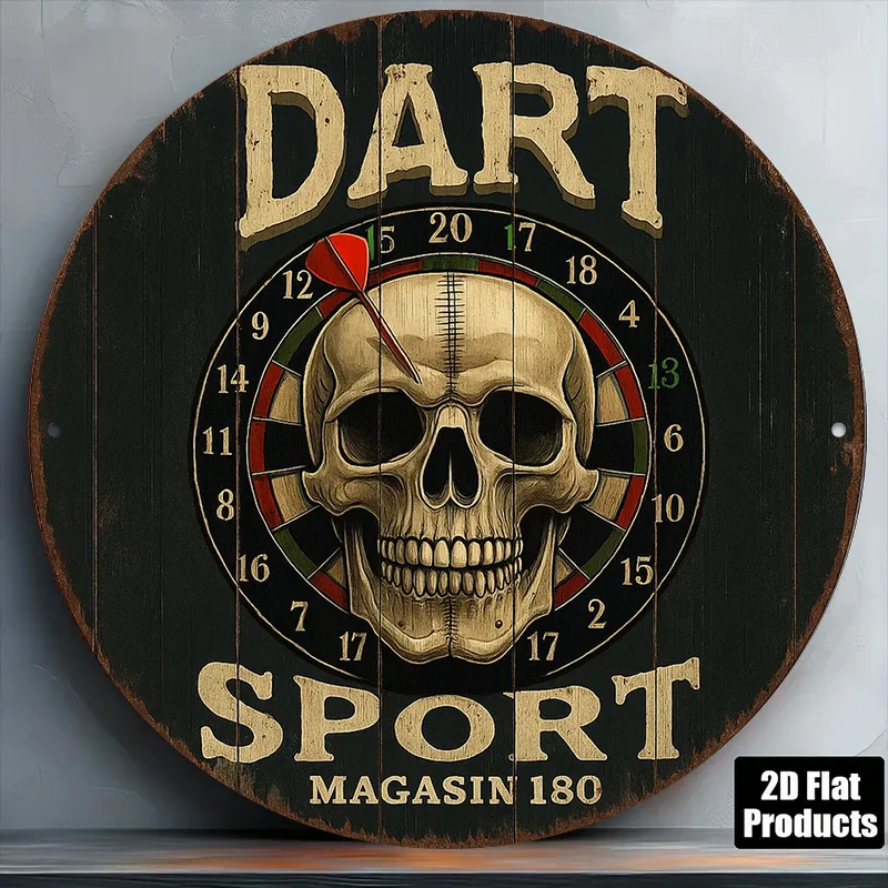 2D Flat,1pc Vintage Dartboard Wall Decor - 20x20cm Round Aluminum Sign with Skull & Dart Design, Background, Rustic Metal