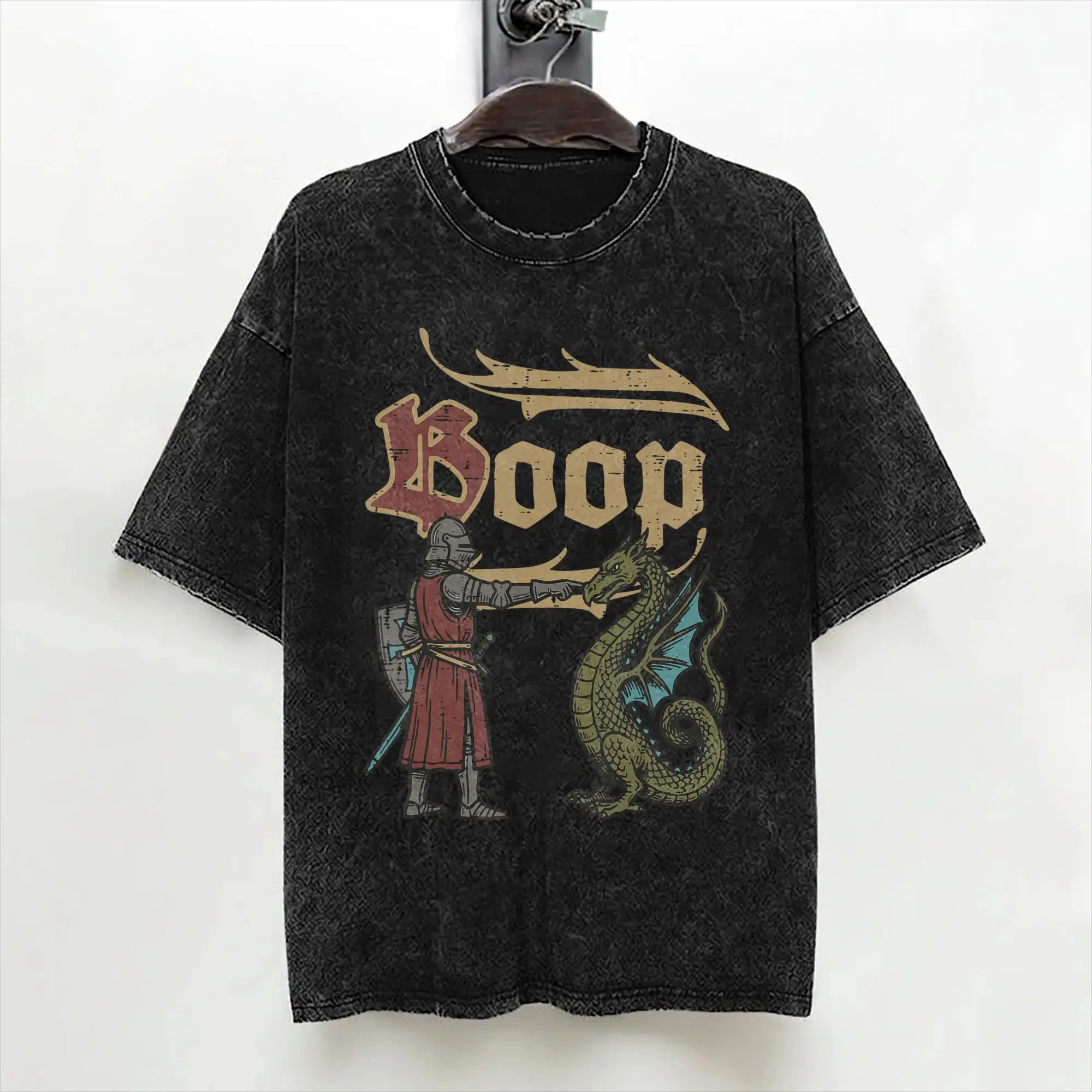 Le Boop Medieval Knight Dragon T Shirt Washed 100% Cotton Street T-Shirt  Vintage Men Women Streetwear Graphic Tops Tees
