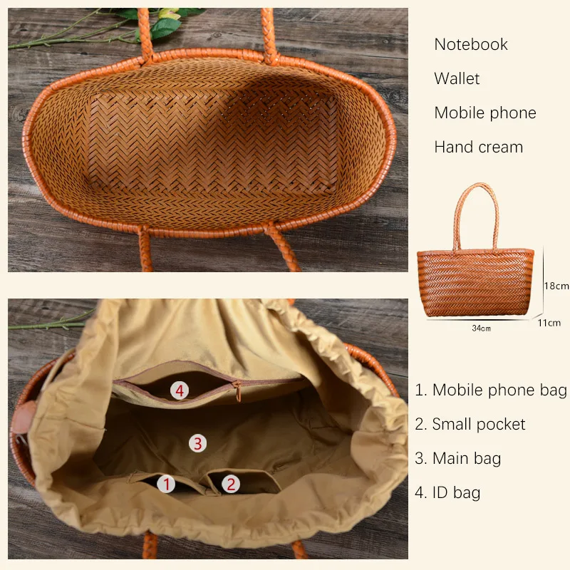 Leather woven women\'s bag leather beach bag straw pure  luxury bag French casual 2022 new summer vegetable basket bag