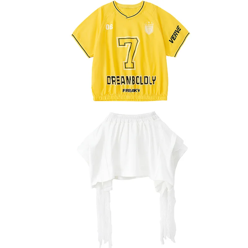 Kind Kpop Hip Hop Kleidung Gelb V-ausschnitt Jersey T Shirt Top Weiß Straße Spitze Trim Rock für Mädchen Jazz Dance Tragen Kostüm Kleidung