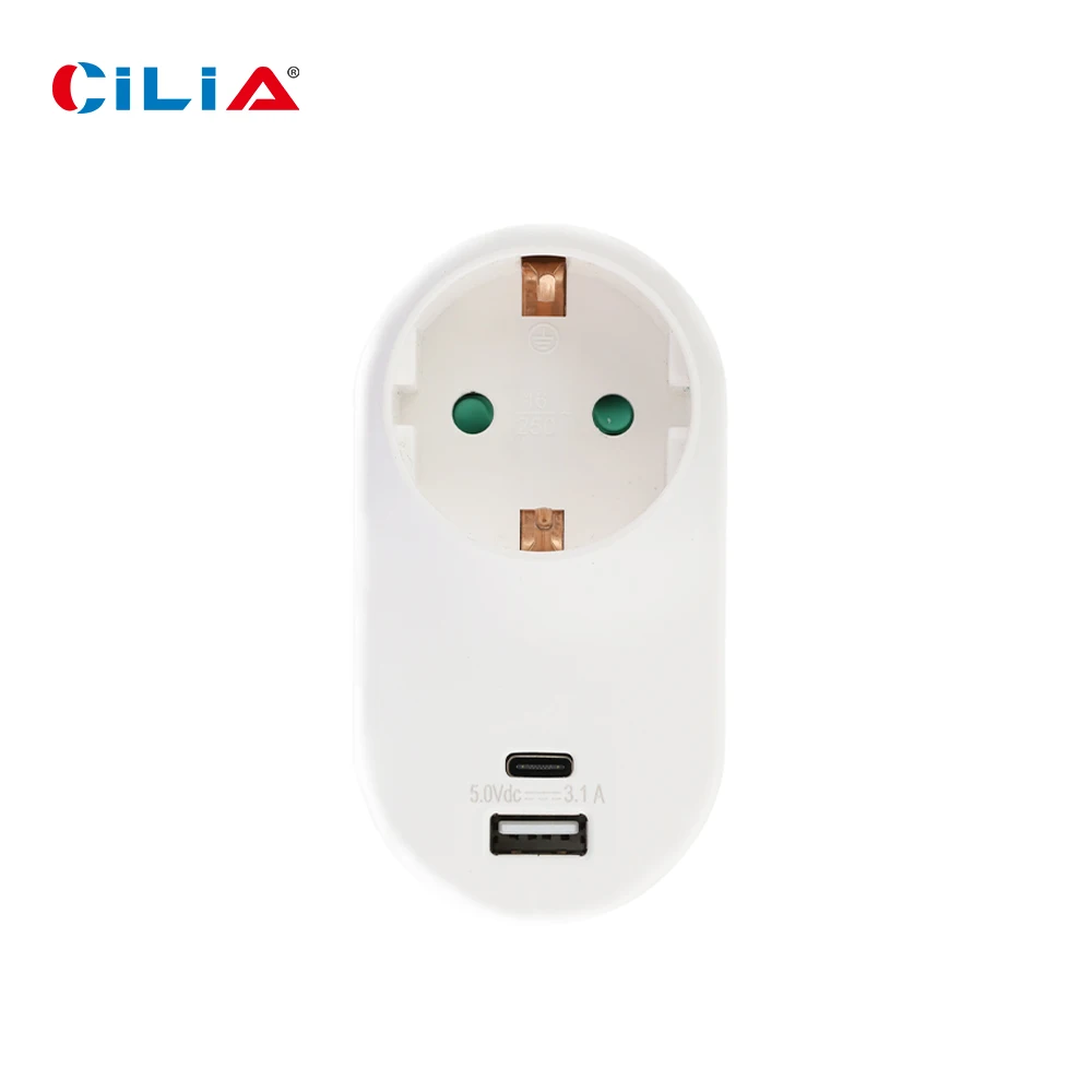 CILIA Schuko Multi Outlet Extender, Socket Adapter, Wall Plug with 1 USB and Type-C Port, 2 Hole, 1PC, 2PCs