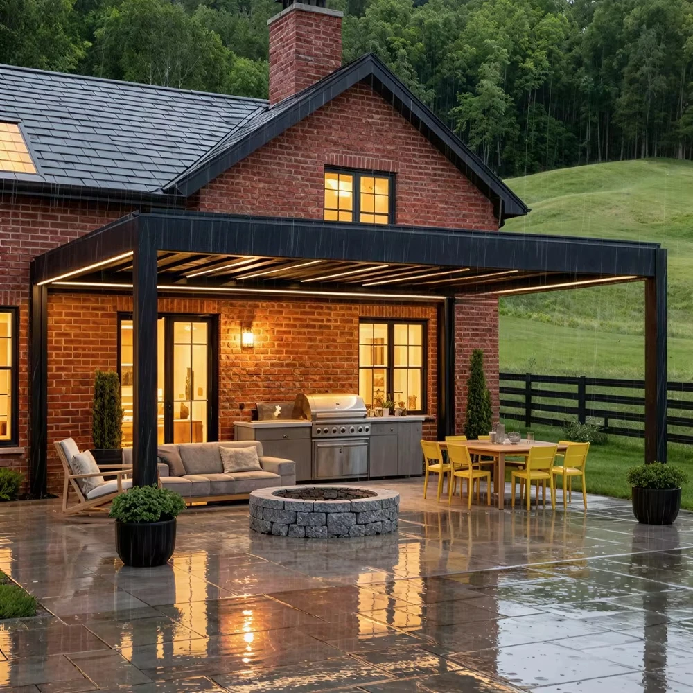 Aluminum Electric Outdoor Garden Gazebo, All Season Motorized Sunshade Pergola for Courtyard Patio Leisure Space