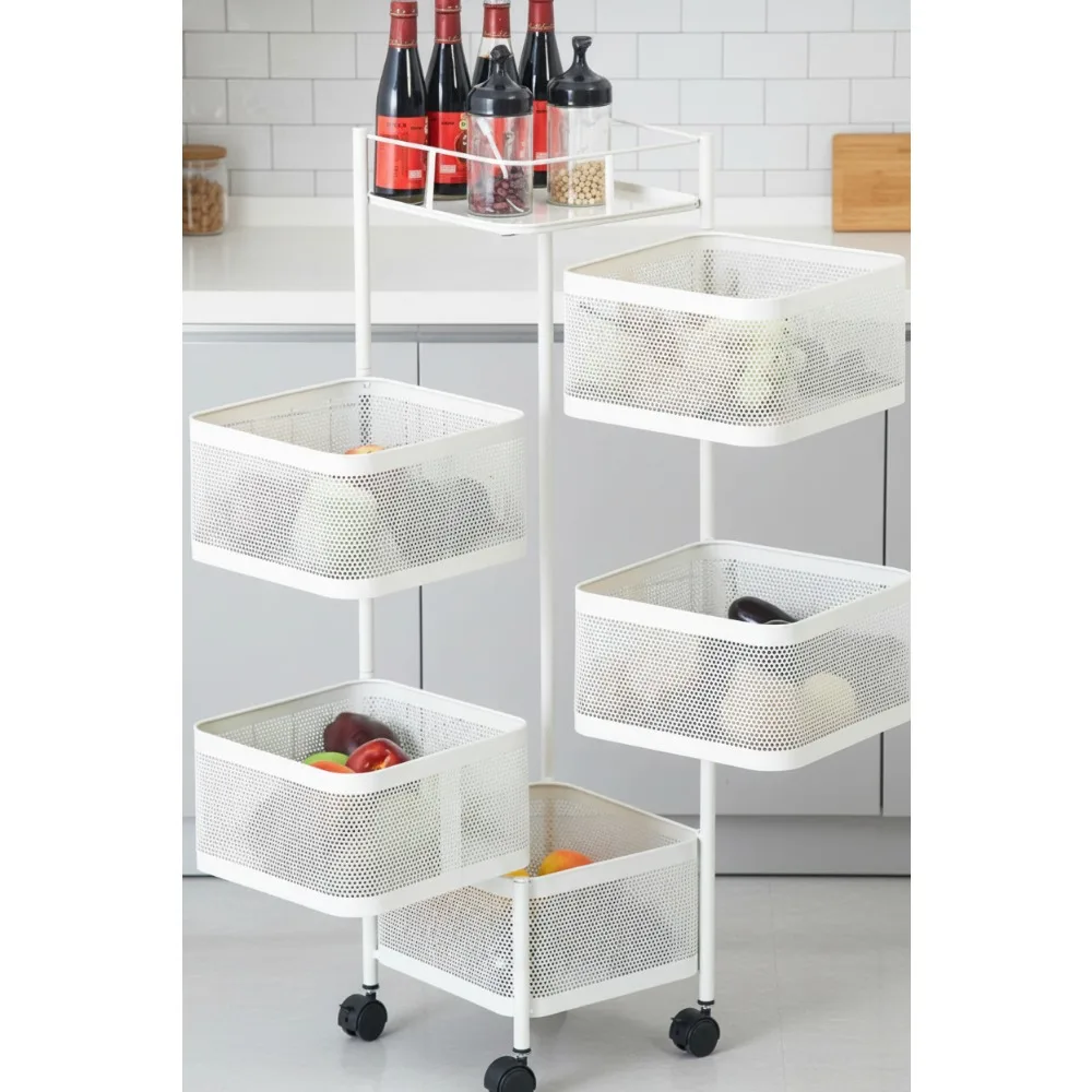 Rak Penyimpanan Dapur Berputar 5 Tingkat dengan Roda, Rak Logam Putih untuk Buah, Sayuran, dan Camilan