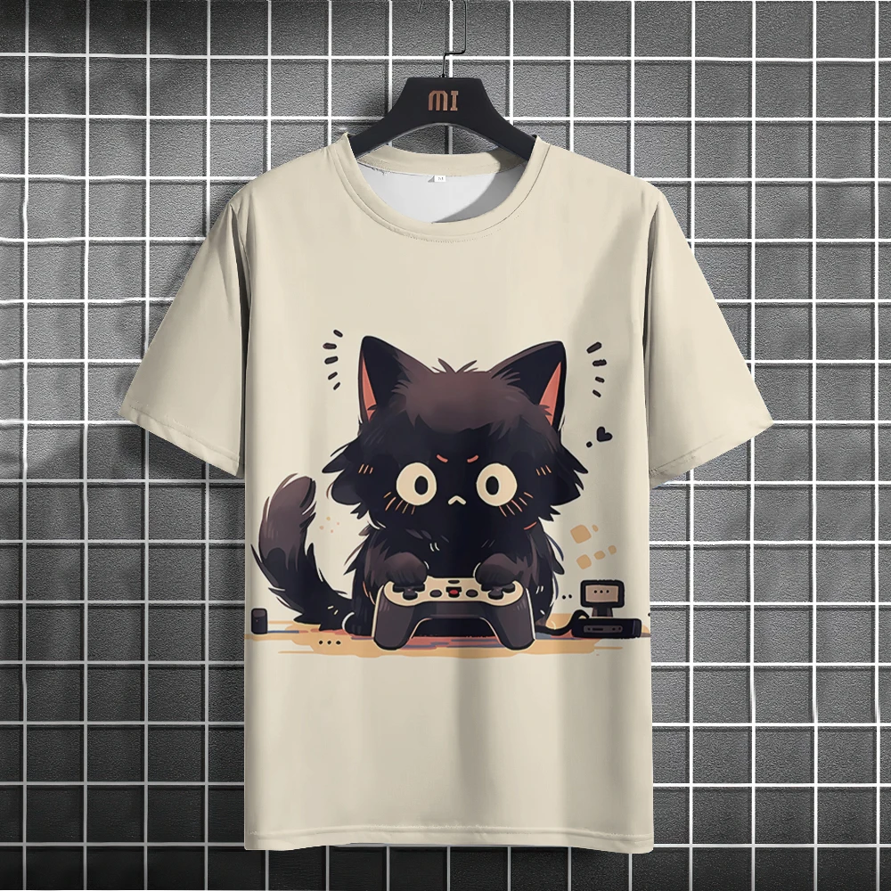 Cartoon Cat 3D Print T-Shirt For Men Cute Animal Pattern Short Sleeve Tops Casual Round Neck Loose T-Shirt Summer Breathable Tee