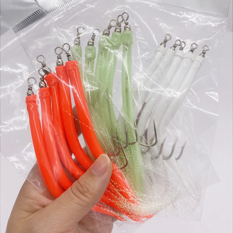 5Pcs*CodfishFishing Eel Tube Jig bait shank offset Hook Barbed Octopus Hook Rolling Swivel Thread Feather Sabiki Rig Sea Fishing