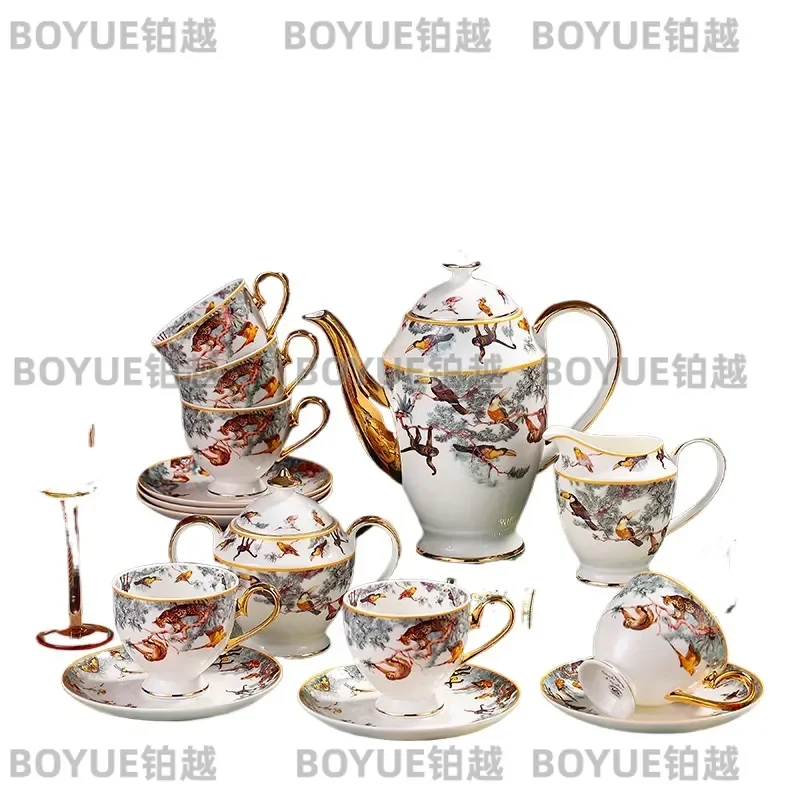 Luxury Bone China Coffee Set Equatorial Jungle Style Teapot Cup European Home Gift Elegant Tableware for Daily Use