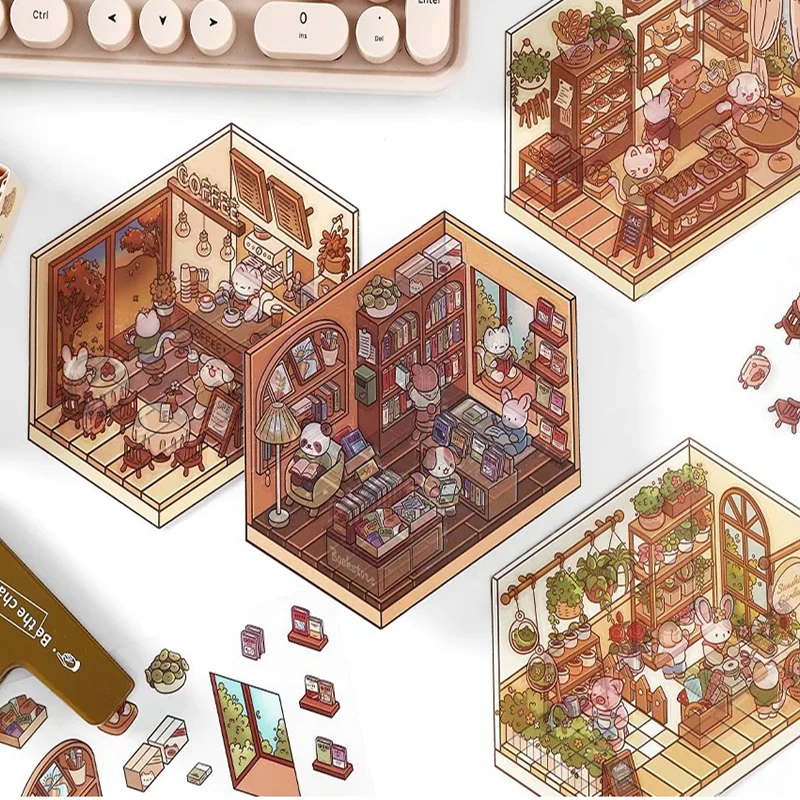 Tridimensional cabine cena adesivo, empilhamento e colar, bonito, DIY, conta de mão