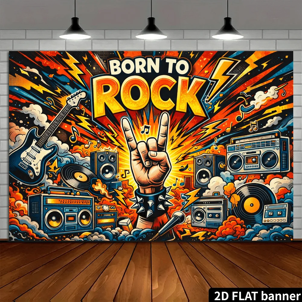 2D scene: Rock style theme "Born to Rock", vintage speaker set, and cloud and lightning decorations - view 4
