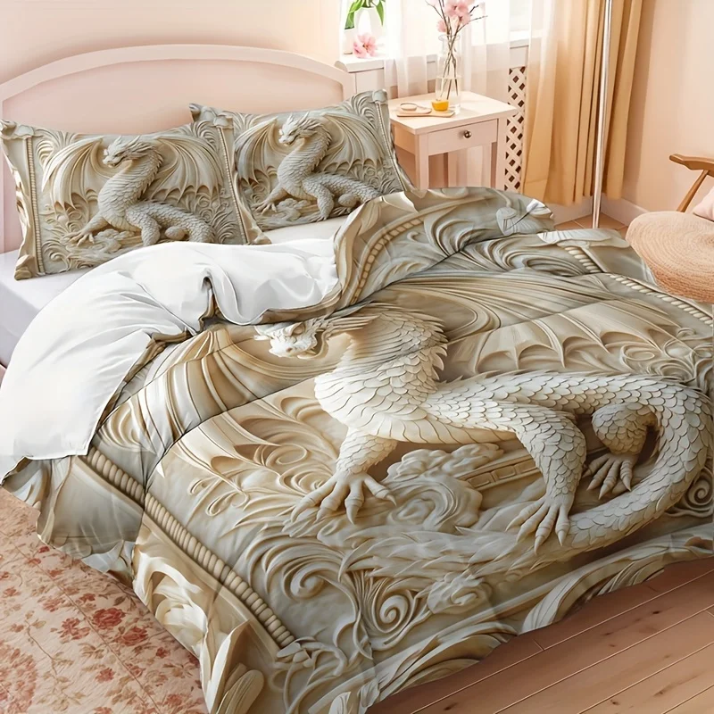 [Dragon Totem Duvet Cover Set] 3pcs Dragon Totem Duvet Cover Set - 1 Duvet Cover + 2 Pillowcases, Breathable Polyester,