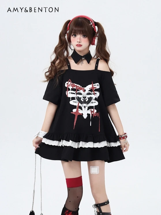 

Japanese Subculture Sexy Off-Shoulder Goth Print Tops Summer New Harajuku Cartoon Print Ruffled Mid-Length Top Hot Girl Y2k Top