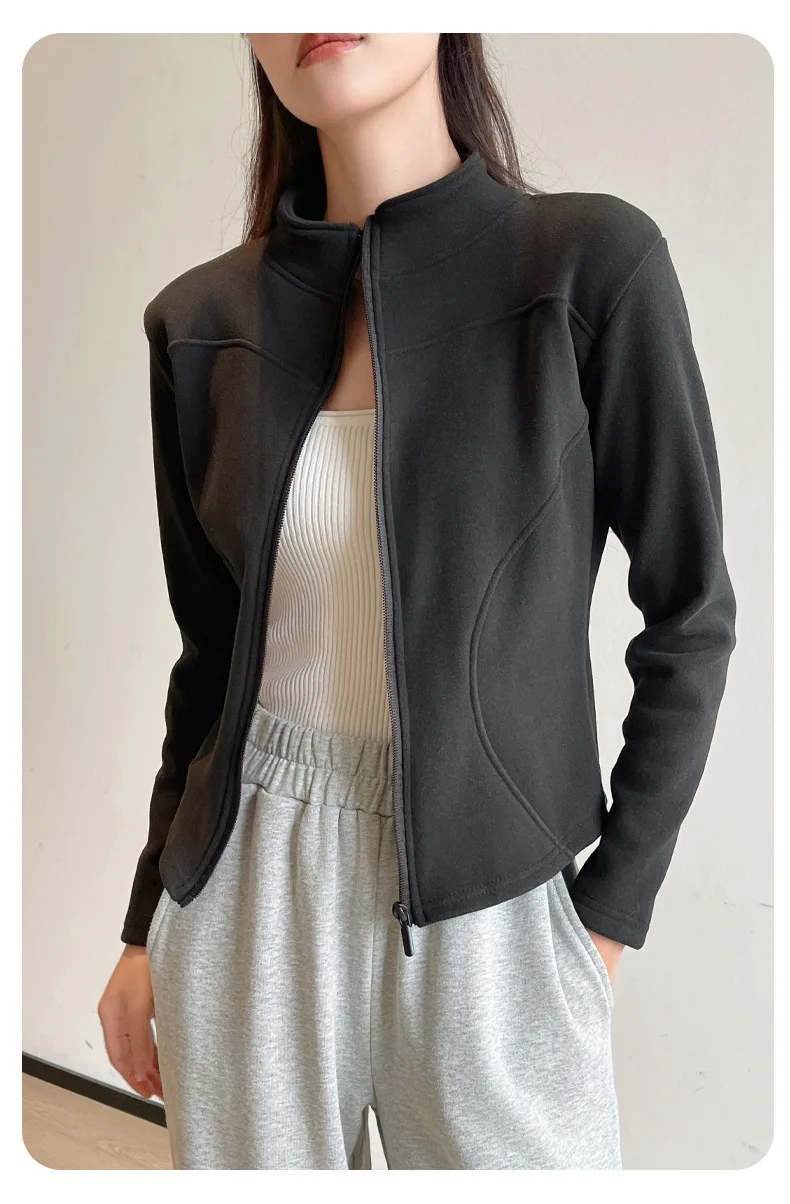 Women's Slim Fit Fleece Lined Short Sweatshirt Jacket Autumn Winter Thick Warm Zipper Jackets Woman Solid Stand Collar Yoga Wear