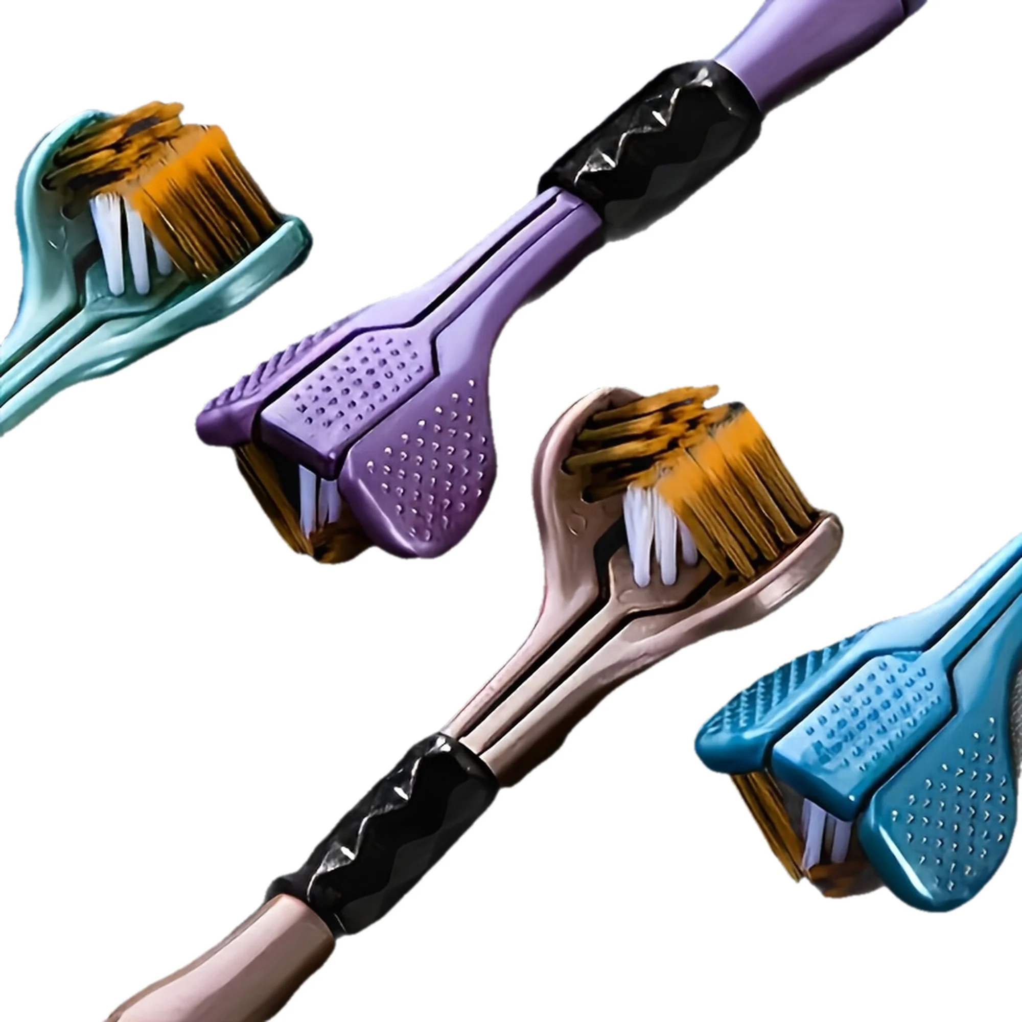 4-Pack Ergonomic Manual Toothbrush, 3 Brush Heads, Gold Volcanic Rock Bristles, Soft Rubber Handle, Handle Color Varies