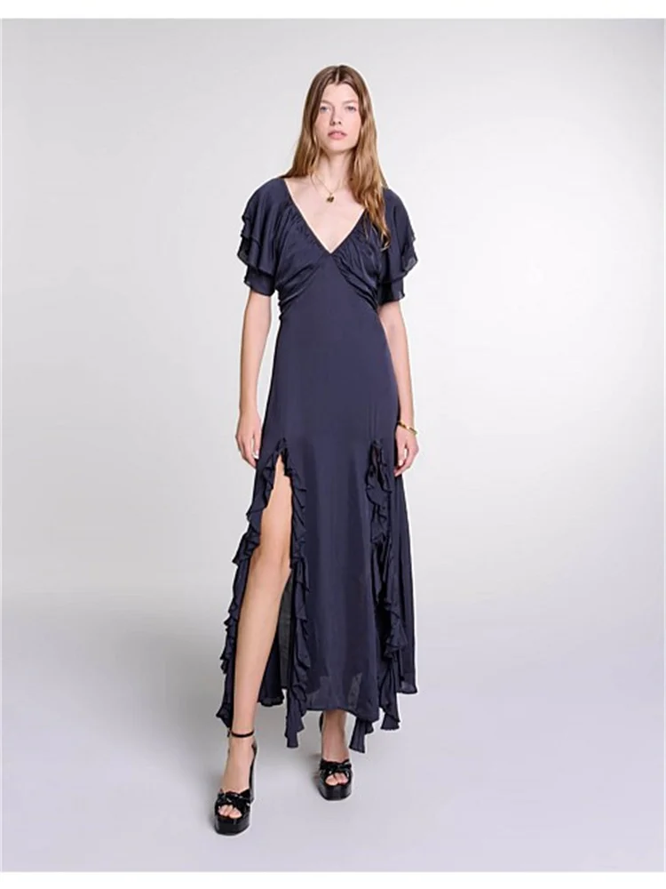 

New Arrival Ruched-Effect V Neckline Short Sleeves Satin Evening Dress Open Lace Up Back Floor Length High Slit Gown For Women