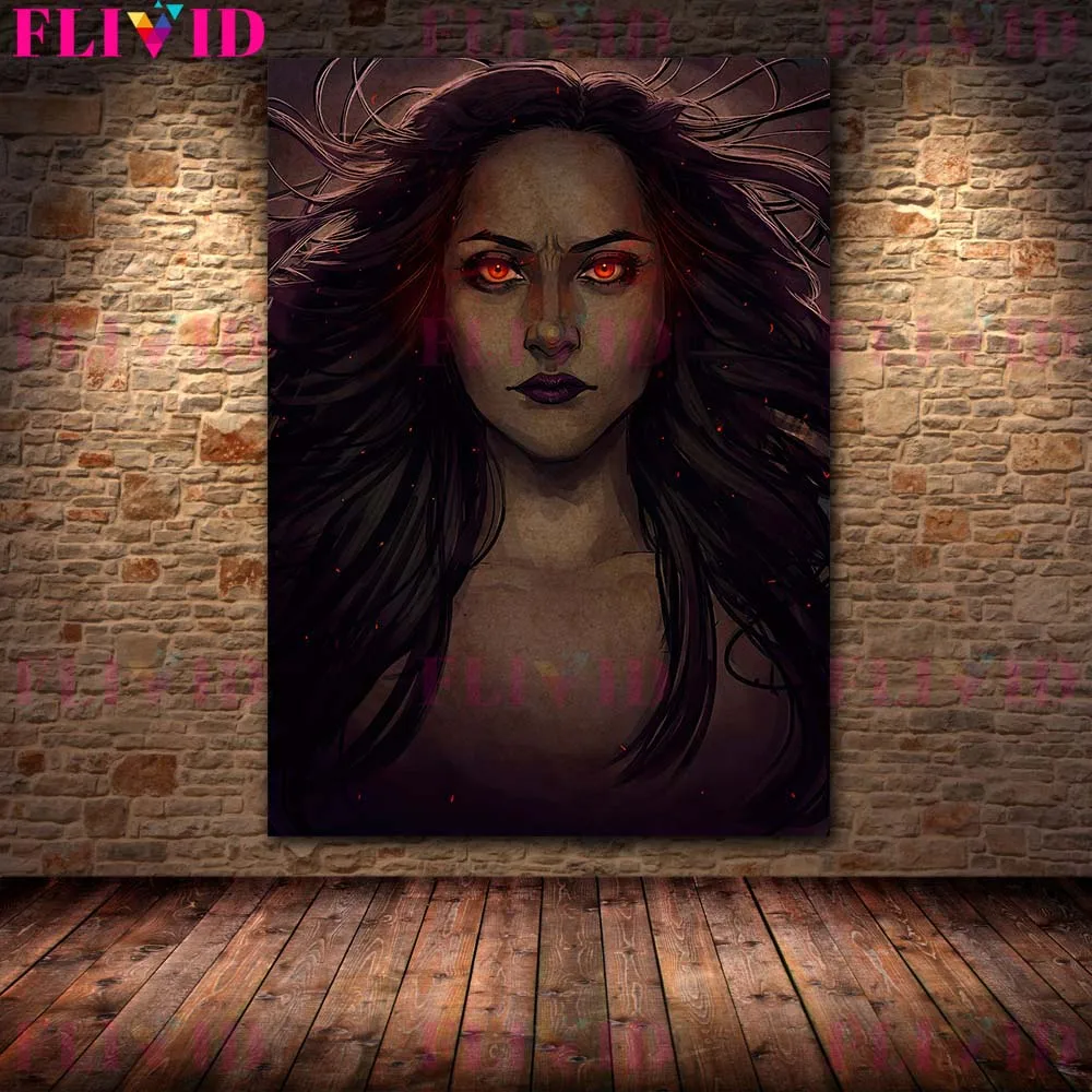 Vampire Lady And Full Moon Witch Vintage Wall Art Canvas Painting Dark Witch Portrait Art Poster And Print For Living Room Decor