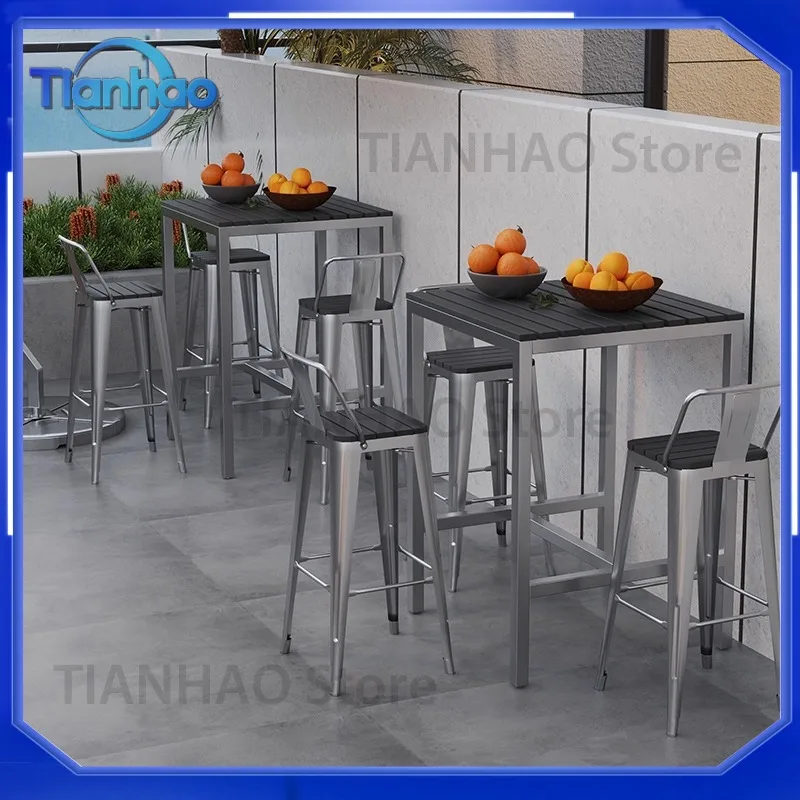 Plastic Wood Bar Table and Chairs Set for Outdoor Use for Open-Air Balcony Against Wall Anti-Corrosion High Combination