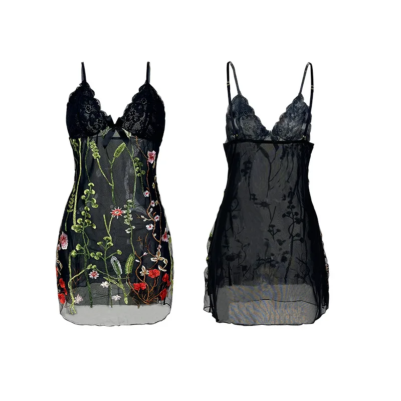 

Women Black Floral Embroidery Mesh Chemise Lace V Neck Spaghetti Strap Sheer See Through Short Slip Night Sleep Dress QS8Q