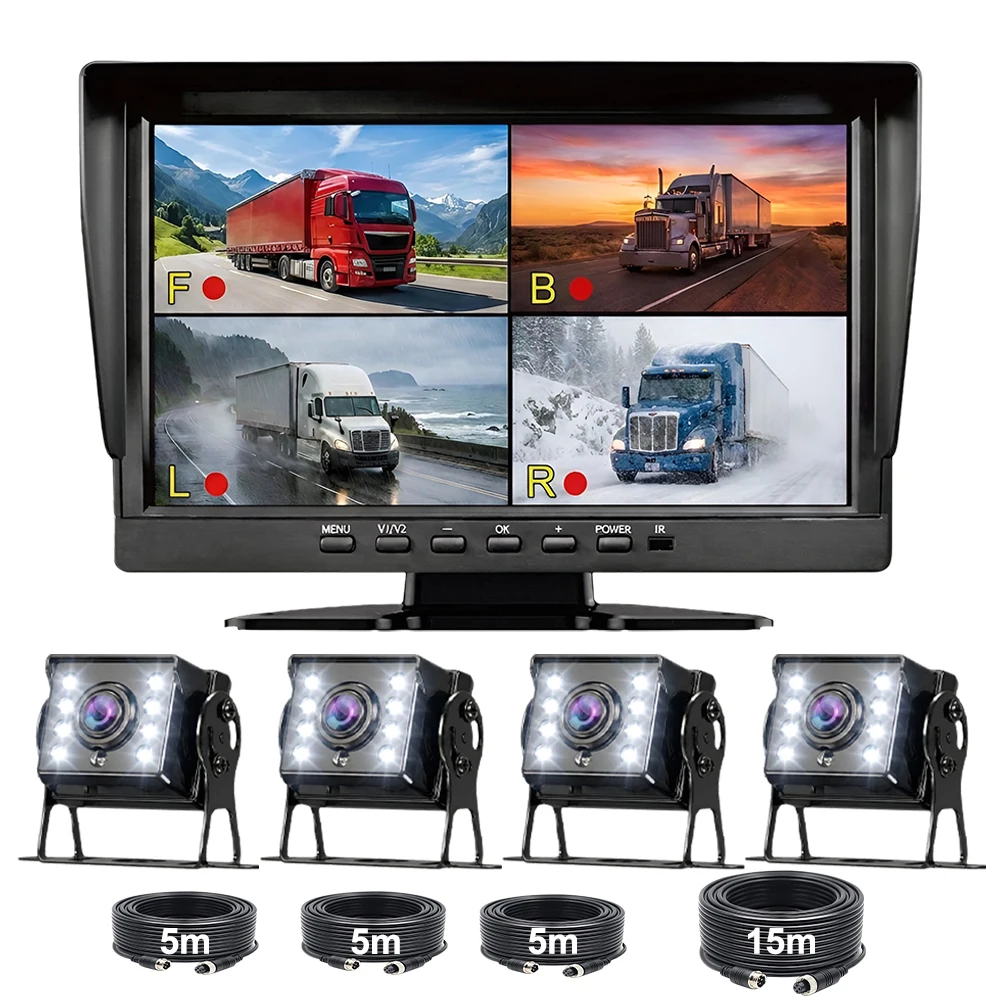 10.1 4K HD Monitor 4CH Split Screen DVR Recorder Reverse Parking 1080P AHD Camera Waterproof for Truck Bus RV Vans Trailer