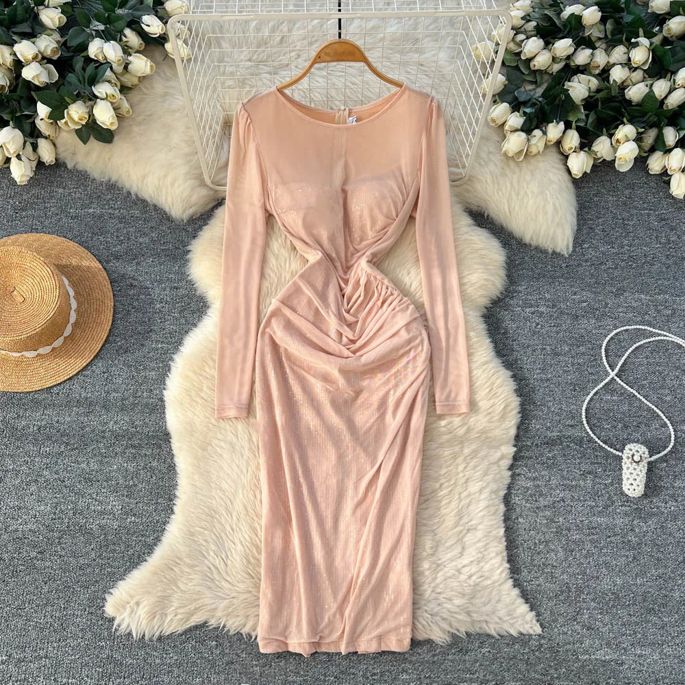 

Элегантное шикарное сетчатое платье с длинными рукавами, корейское модное вечернее офисное женское сексуальное женское платье-карандаш