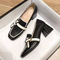 Woman French Thick Heeled Loafers Shoes for Women Autumn Trend Retro Leather with High Heels wedding shoes zapatos de mujer