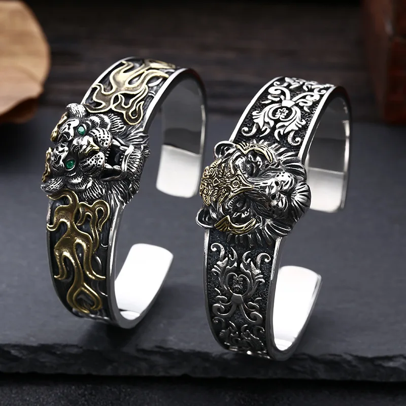 New Real s925 Silver Trendy Good Luck Tiger Head Bracelet for Men Adjustable Fashion Jewelry Accessories Christmas Gifts