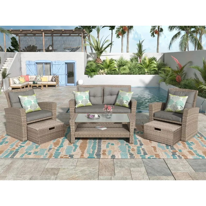 Rattan Terrassen möbel Set, Allwetter Outdoor Schnitts ofa Loves eat mit Fuß schemel, Kissen und Glas tisch mit Regal