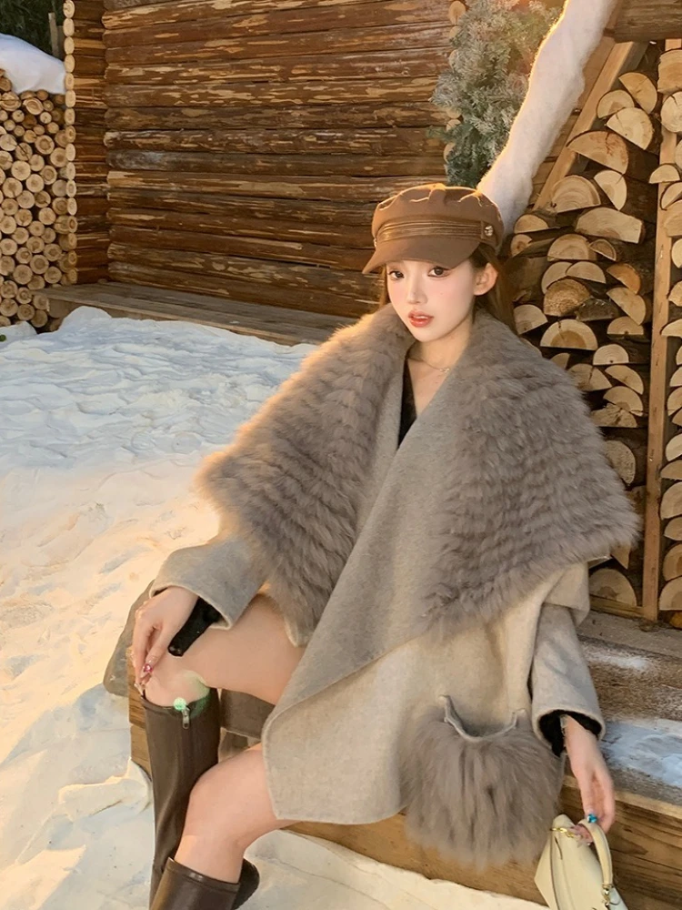 2023 neue Weibliche Warme Kaschmir Woolen Mantel Mode Lose Winter Kleidung Frauen Heiße Verkäufe Große Echt Fox Pelz Kragen Wolle jacker